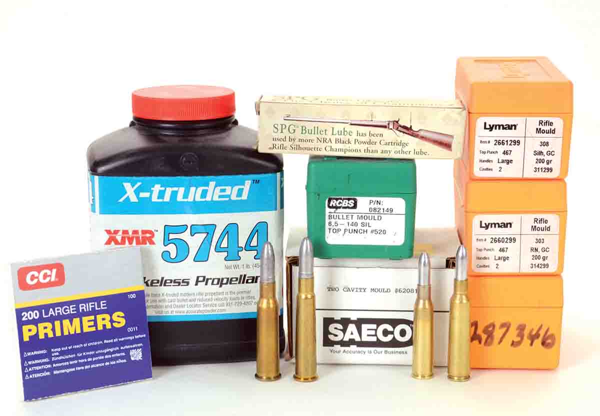 Accurate 5744 is Mike’s all-time favorite propellant for cast bullets in all bottlenecked rifle cartridges. Note this canister’s label is “XMR.”